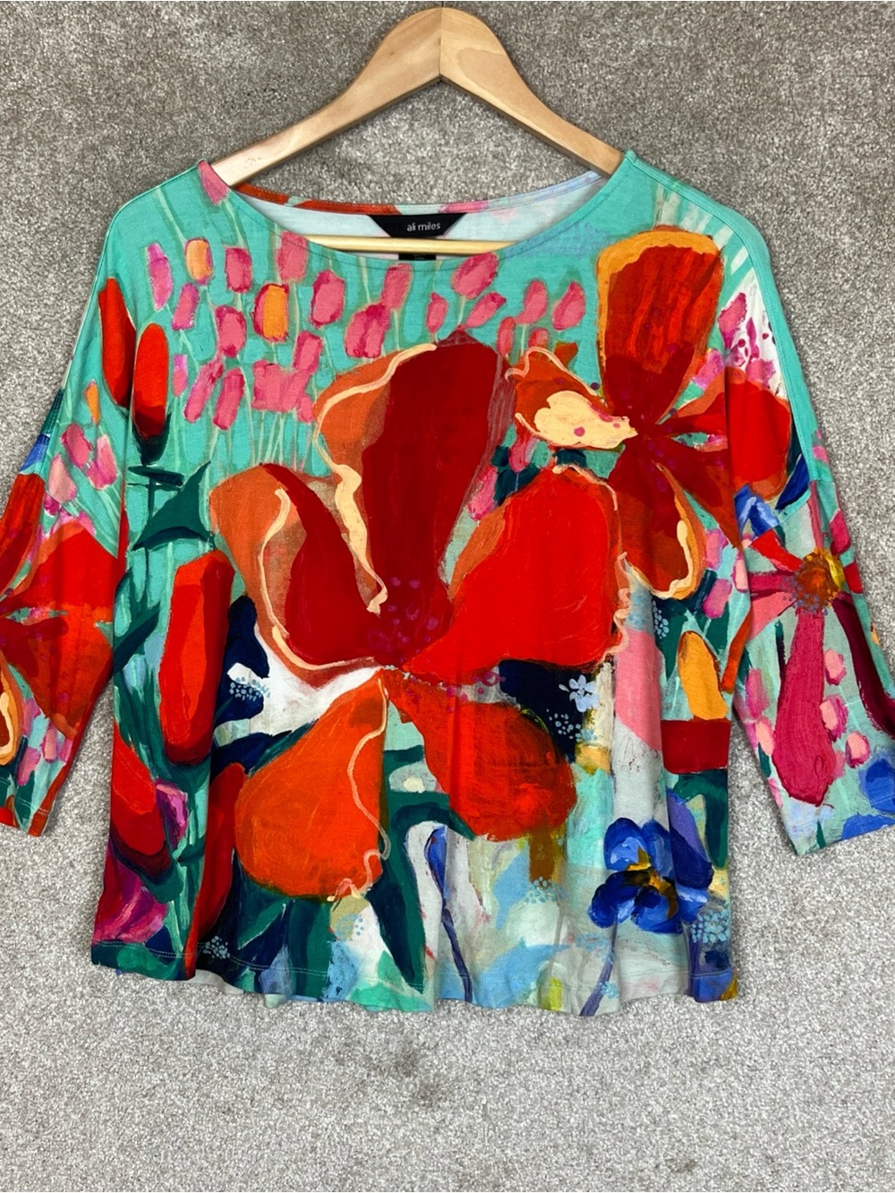 Ali Miles Shirt Womens Medium Petite Multicolor Floral Stretch Pullover- 5181
